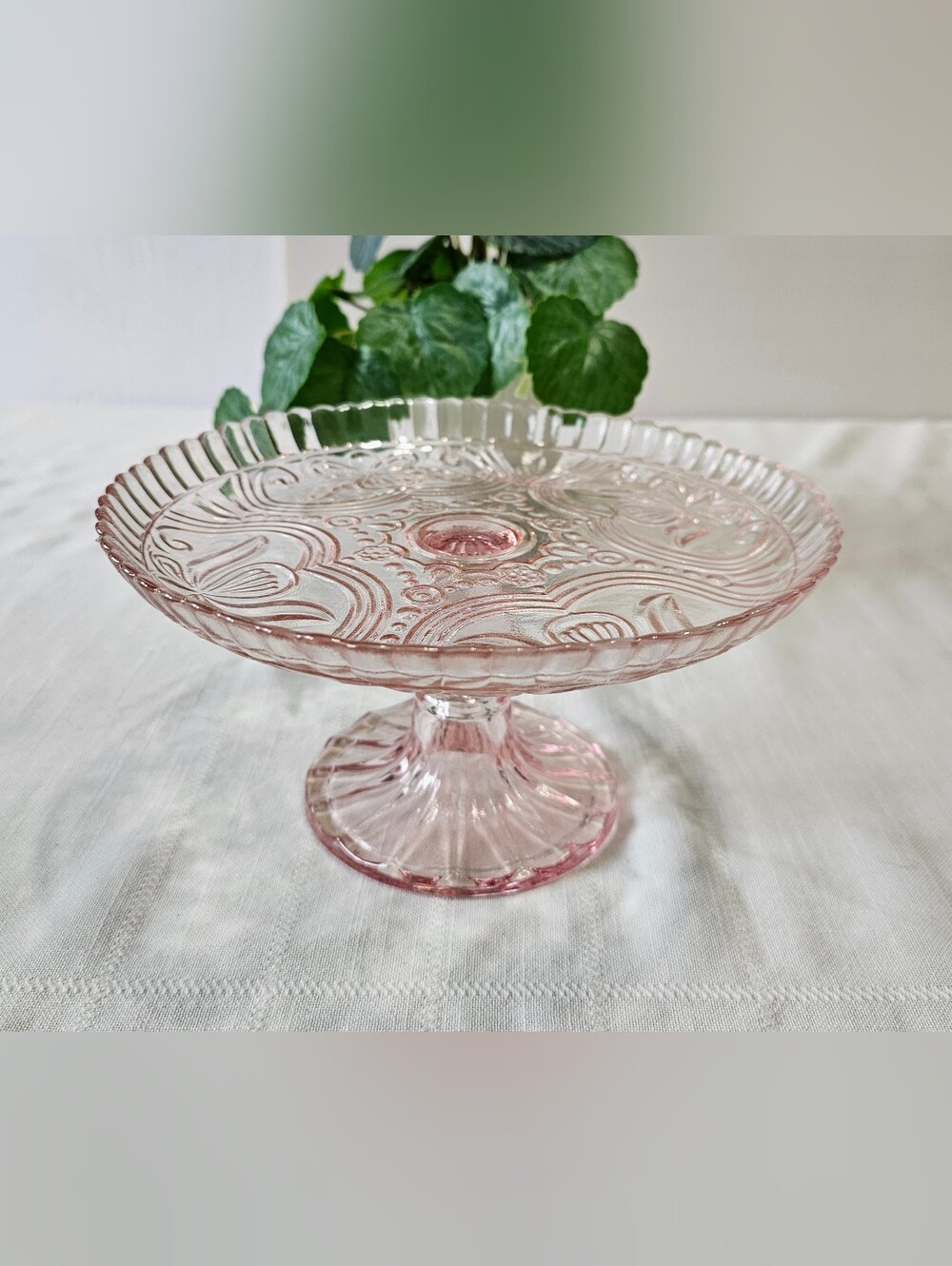 Vintage Pink Glass Pedestal Cake Stand Flower Garden Butterfly Pattern